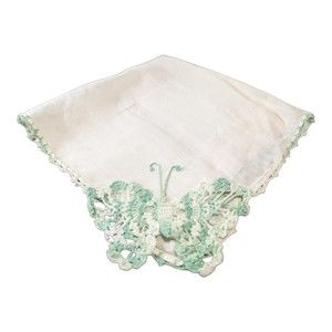 VTG Handkerchief Hand Crochet Butterfly Corner Lace boarder Trim 11" Green Hanky
